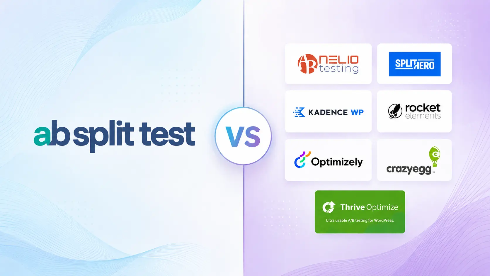 A split screen compares A/B split test tools, listing Nelio Testing, Split Hero, Kadence WP, Rocket Elements, Optimizely, Crazy Egg, and Thrive Optimize.