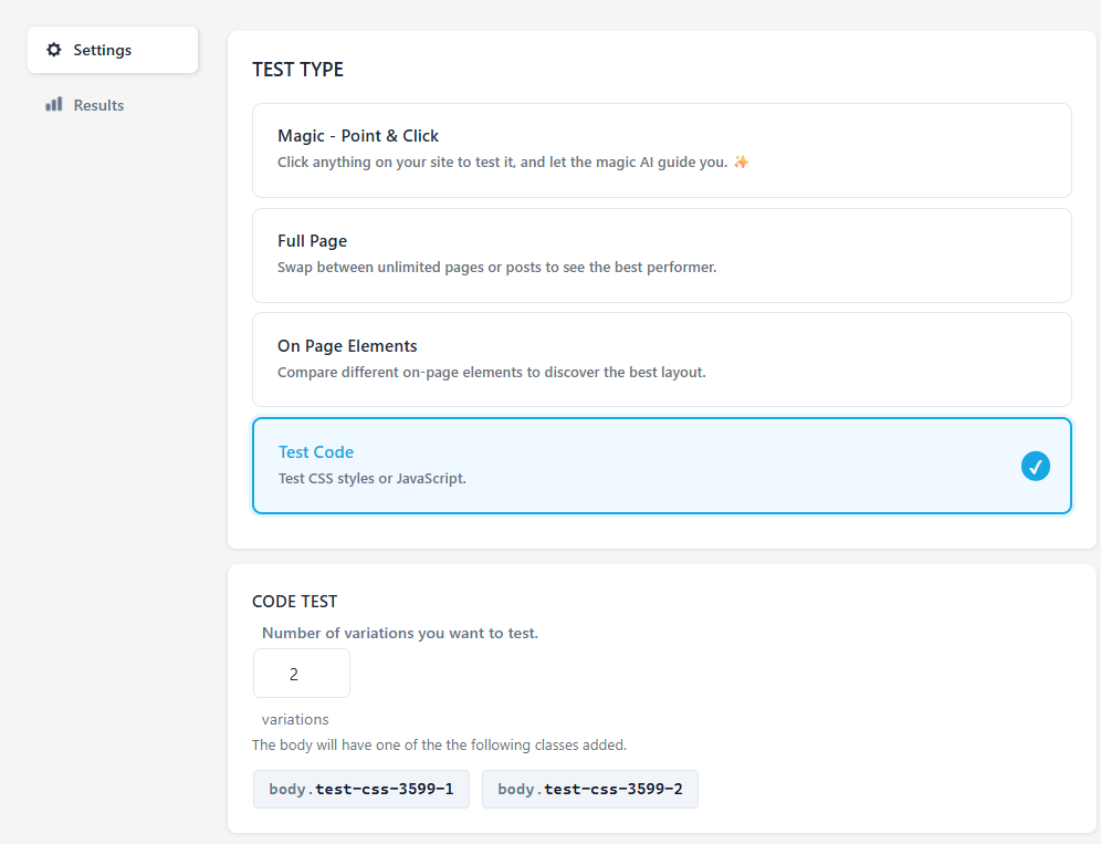 Screenshot of a test type selection interface showing options for Magic - Point & Click, Full Page, On Page Elements, and Test Code, with Test Code selected. Code test settings are visible below.