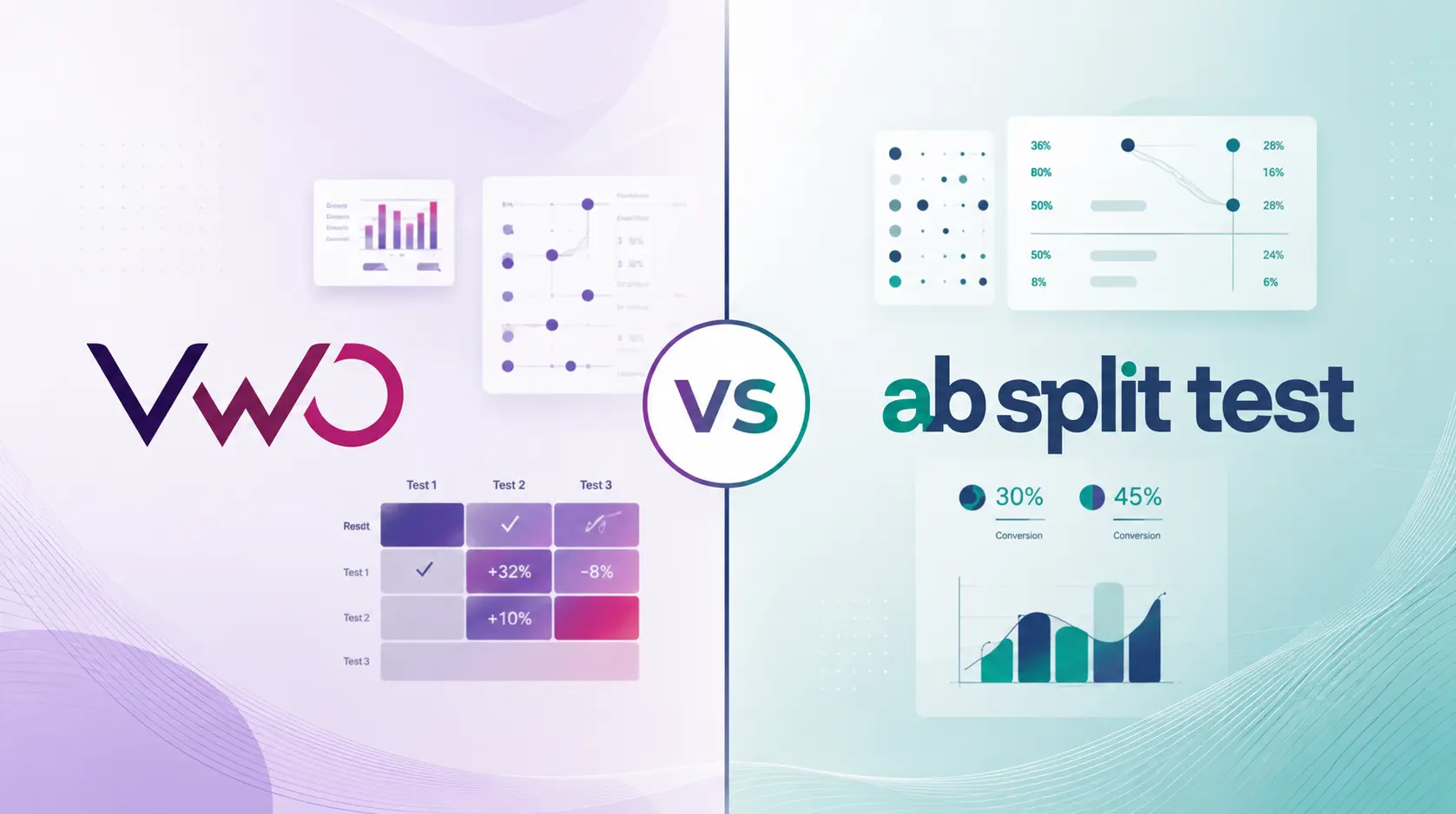 Split image comparing a VWO alternative WordPress plugin and AB Split Test, each side showing analytics charts and graphs with their respective logos, performance statistics, and WordPress split testing flat pricing.
