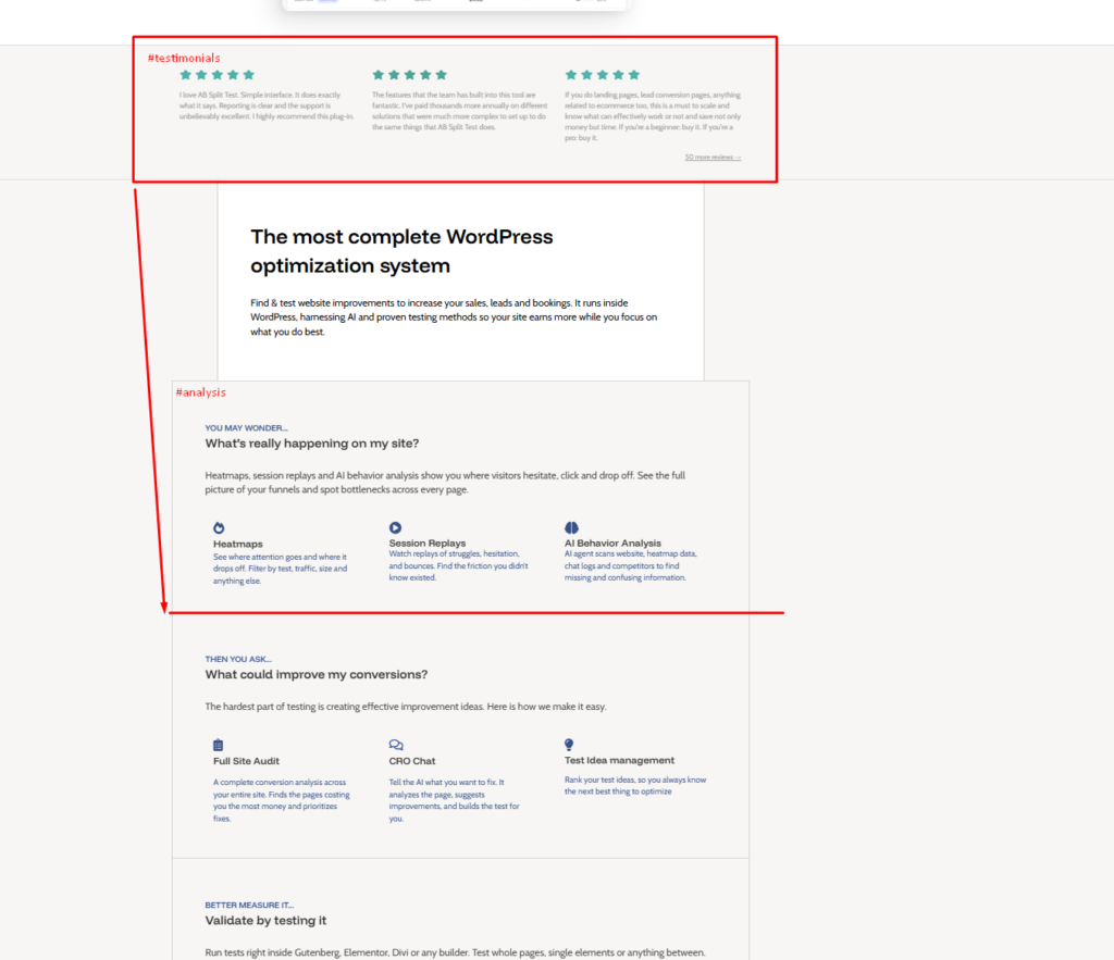 Screenshot of a webpage section showing customer testimonials and a detailed description of WordPress optimization and analytics features.