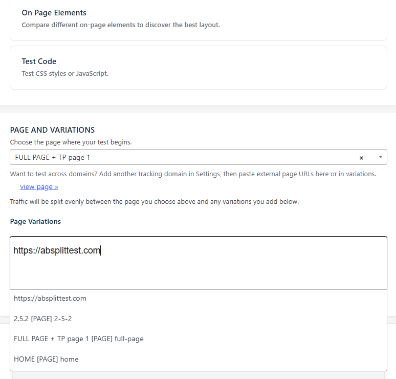 A webpage interface features options for page elements and test code, with an input field for "https://absplittest.com" and several AB Split Test external URL testing variations—ideal for split test Shopify, WordPress, and cross domain conversion tracking WordPress setups.
