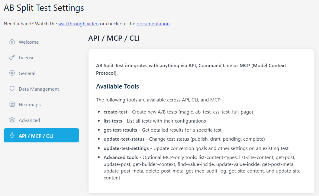 Screenshot of the AB Split Test Settings page showing a list of available API, MCP, and CLI tools, including options to prioritize AB test ideas, create, list, and manage A/B split tests and view advanced tool details.
