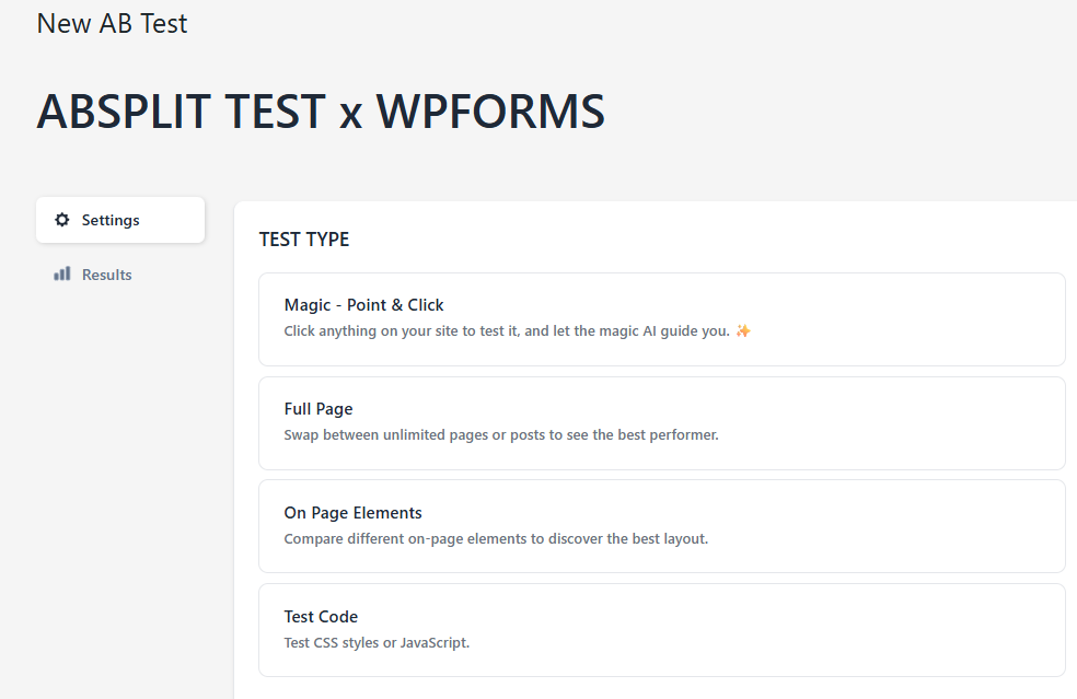 Screenshot of the ABSPLIT TEST x WPForms interface showing test type options—Magic - Point & Click, Full Page, On Page Elements, and Test Code—plus support for AB Split Test external URL testing and cross domain conversion tracking in WordPress.