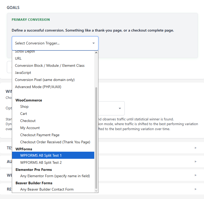 A dropdown menu for selecting a conversion trigger is open, displaying options like URL, JavaScript, Checkout, and various form plugins under "Primary Conversion" settings—ideal for tracking conversions on external sites or split test Shopify WordPress setups.