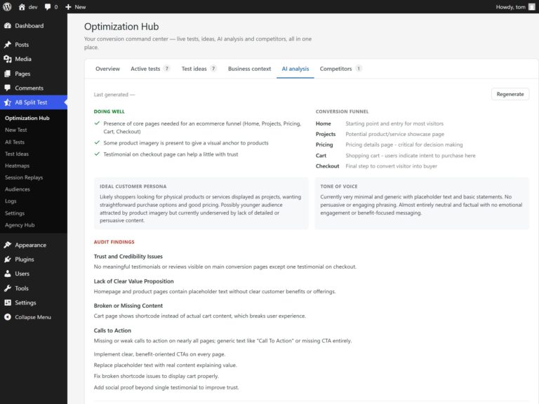 AI analysis tab in the Optimization Hub: what the site does well, its conversion funnel, customer persona, tone of voice and audit findings