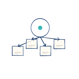 Notebook sketch of one source node branching out to several site cards.
