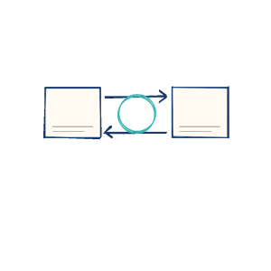 Notebook sketch of synchronized data cards connected by circular arrows.