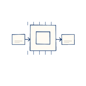 Notebook sketch of a processor chip connected to app and data cards.