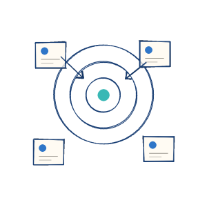 Notebook sketch of an audience target with user profile cards and segmentation arrows.