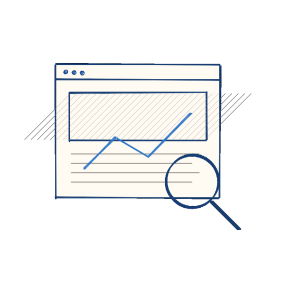 Notebook sketch of analytics research with a magnifying glass over dashboard cards.