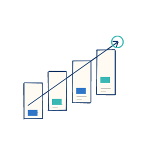 Notebook sketch of market demand cards, charts, and a business growth arrow.