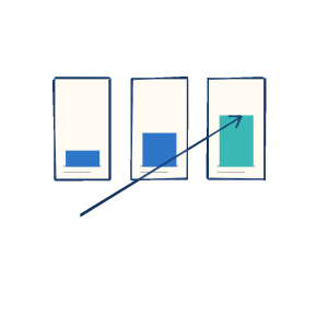 Notebook sketch of market data with a pie sector and allocation cards.