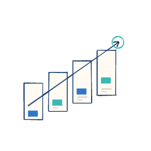 Notebook sketch of website traffic cards and an upward growth arrow.