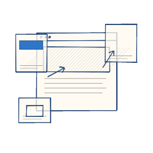 Notebook sketch of a WordPress testing workspace with page blocks, code tile, and comparison panels.