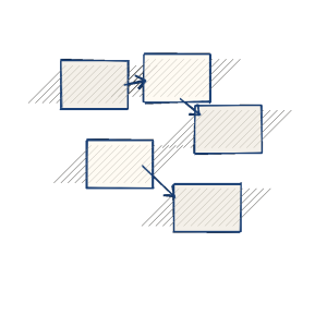 Notebook sketch of modular page-builder blocks snapping into a website layout.