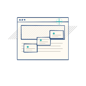 Notebook sketch of AI-style suggestion cards reviewing a web page.