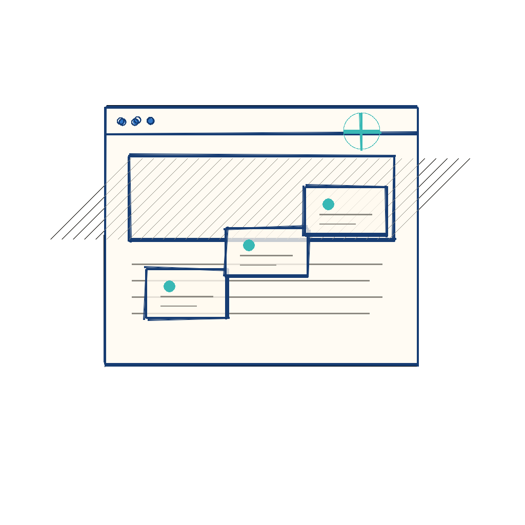 Notebook sketch of AI-style suggestion cards reviewing a web page.