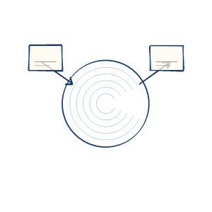 Notebook sketch of cross-site conversion attribution with a small fingerprint mark.