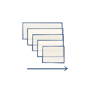 Notebook sketch of stacked page layers moving forward along an arrow.