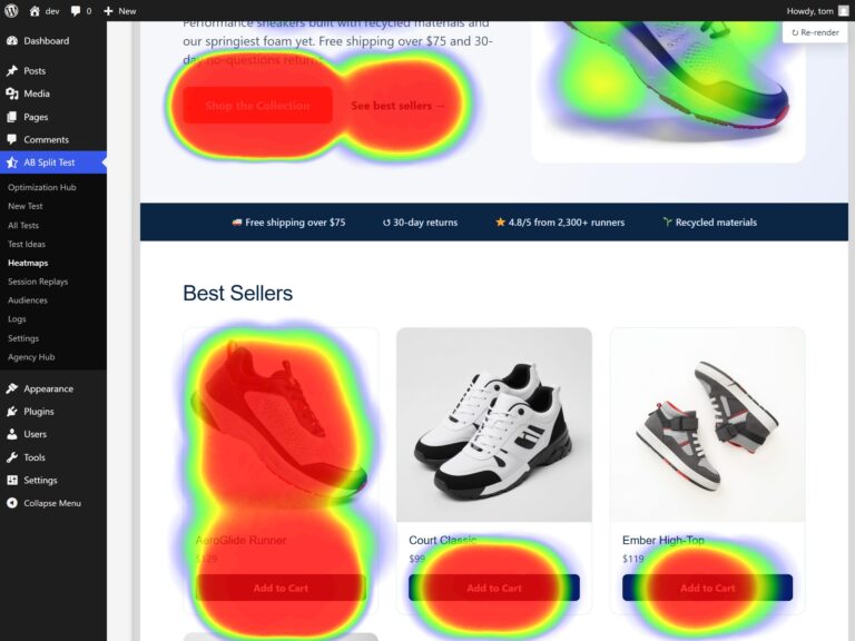 Click heatmap inside the WordPress dashboard, with hot spots on product cards and buy buttons of a demo store.
