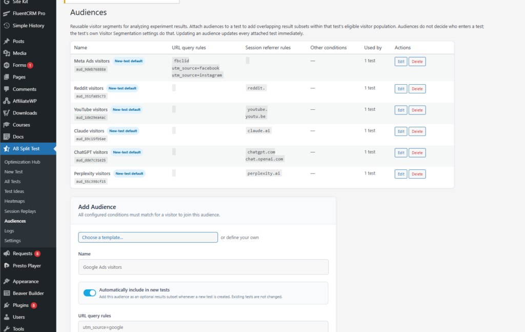 A website admin dashboard shows audience settings for A/B split testing, listing platforms like Facebook, Reddit, and ChatGPT, with options to edit or delete each audience rule.