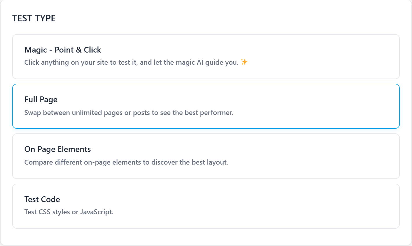 Screenshot of a webpage featuring options for full page tests, test code, and Magic (BETA). Bottom section offers to set the start page for testing traffic.