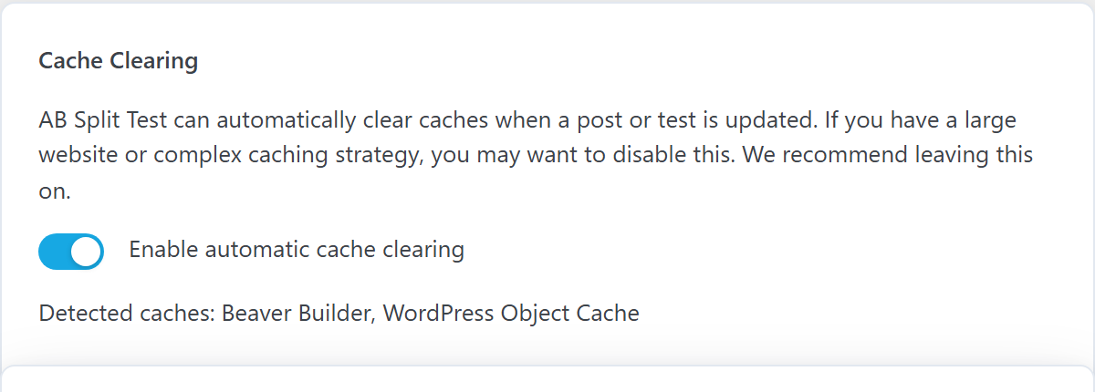 The Cache Clearing setting with the list of supported caching plugins