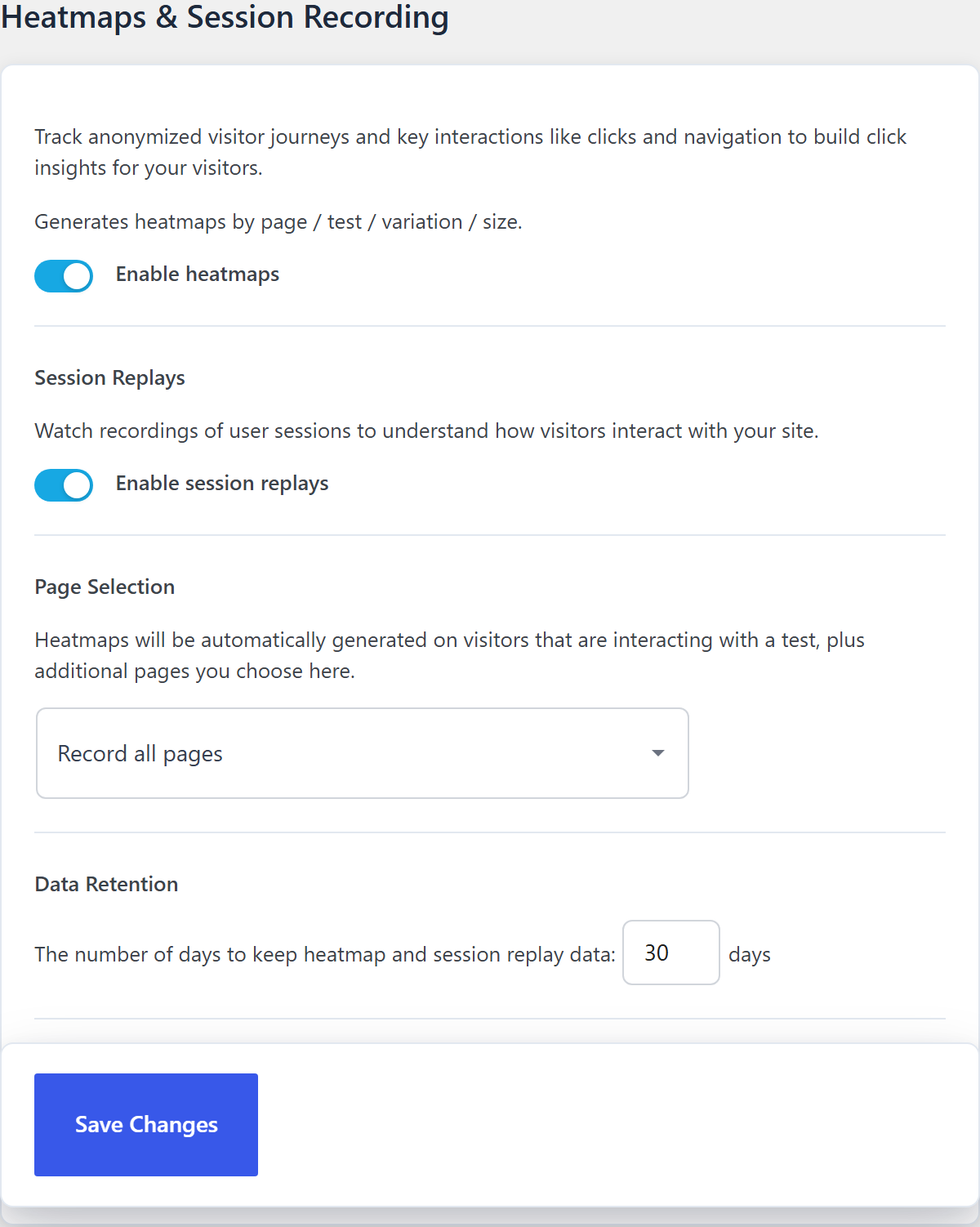 The cookie consent setting on the AB Split Test heatmaps settings tab
