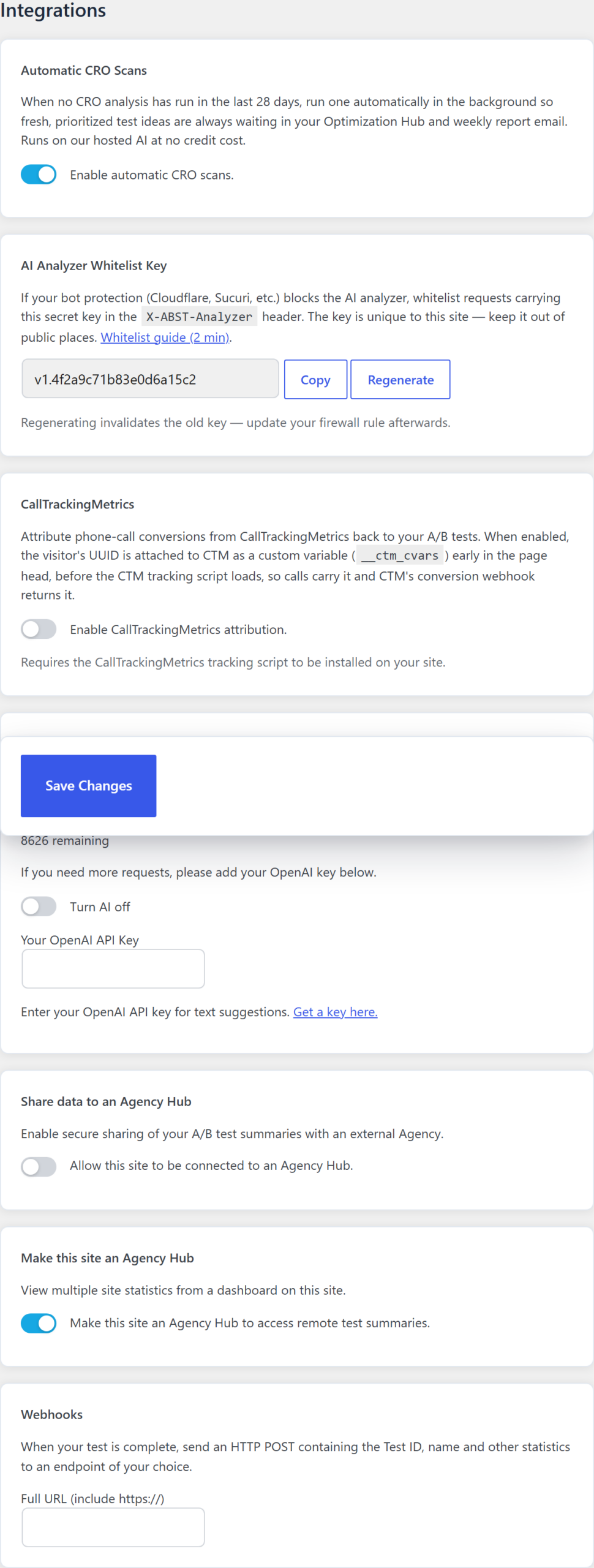 The Integrations tab of the AB Split Test settings