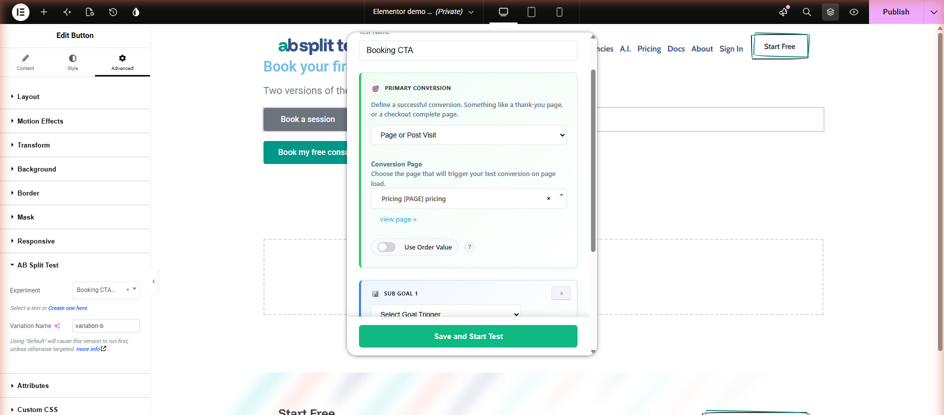 Creating a split test without leaving Elementor: the Create New Split Test panel open over the editor, with the AB Split Test controls in the widget sidebar.