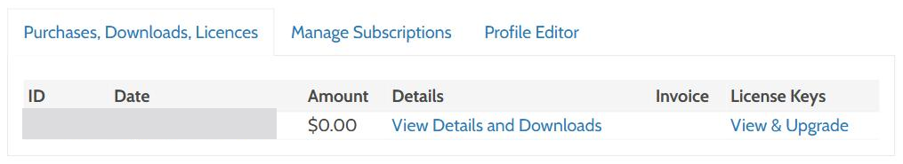 My Account, Purchases, Downloads, Licences tab, with the View & Upgrade link in the License Keys column.