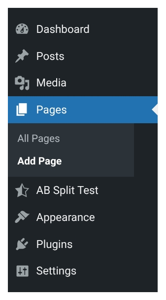 The WordPress admin menu with Pages open and Add Page highlighted.
