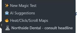 The AB Split Test admin bar menu with the test name, which links to the test's results and settings.