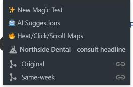 The AB Split Test menu in the admin bar on the front end, listing the test and its two variations, Original and Same-week.