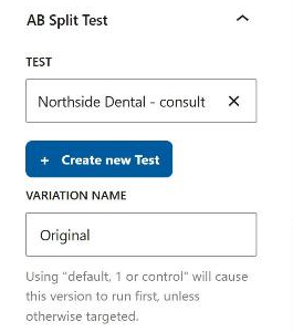The AB Split Test panel with the test selected and the Variation Name set to Original.