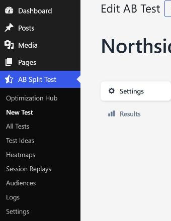 The WordPress admin menu with AB Split Test open and New Test selected.