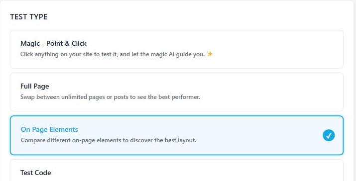 The Test Type picker with On Page Elements selected.