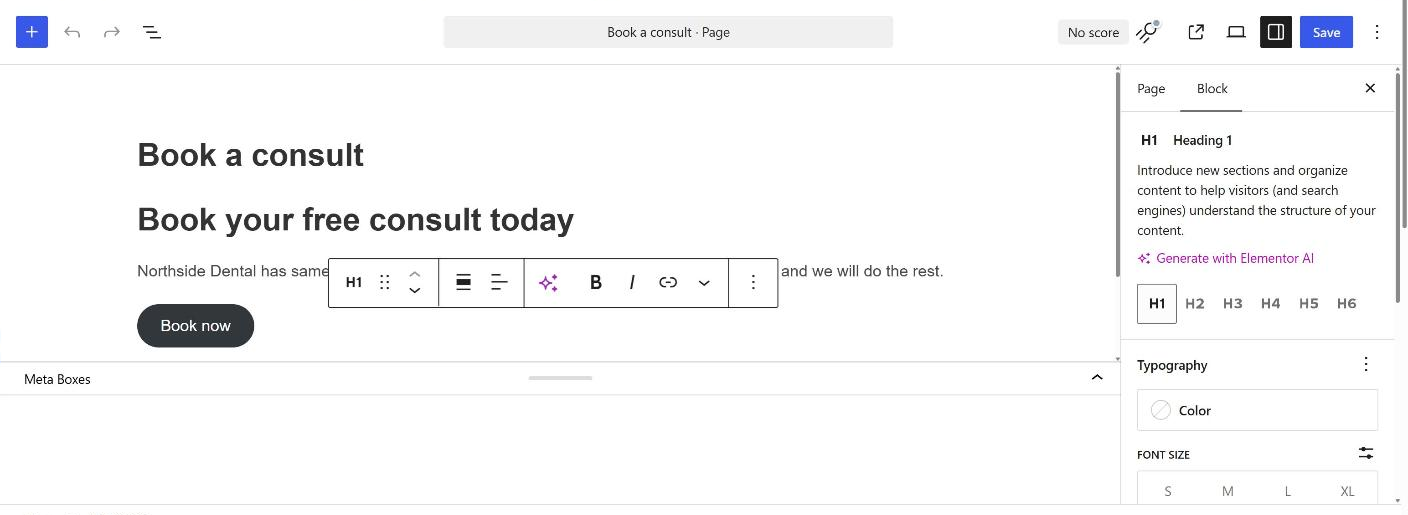 The heading block selected in the block editor, with its block toolbar and the Block settings sidebar open.