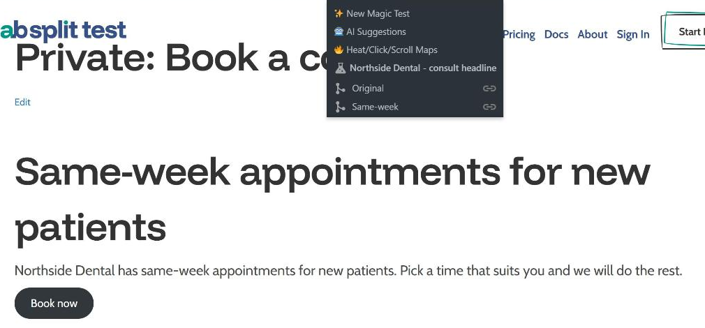 The front end switched to the Same-week variation from the admin bar, so the heading now reads Same-week appointments for new patients.