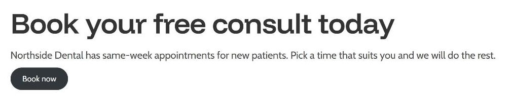 The published demo page on the front end, showing the heading Book your free consult today, the intro paragraph and the Book now button.