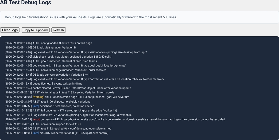 The AB Split Test Debug Logs screen, showing Clear Logs, Copy to Clipboard and Refresh buttons above a dark log panel tracing a visit, a goal, a conversion, a warning about an unpublished conversion page and an error about an external conversion URL.