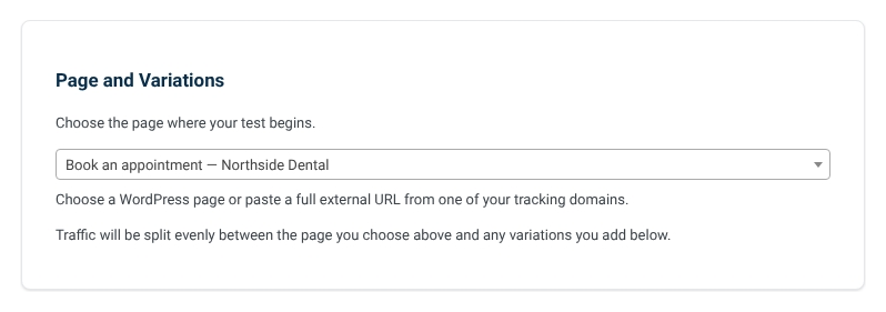 Choosing the start page for a full page test: the default page set to Book an appointment, Northside Dental.