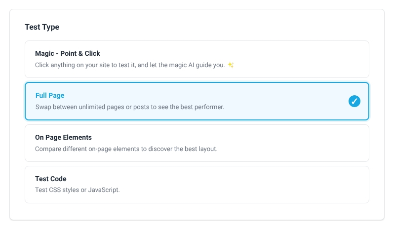 The Test Type picker in the AB Split Test editor with Full Page selected, alongside Magic point-and-click, On Page Elements and Test Code.
