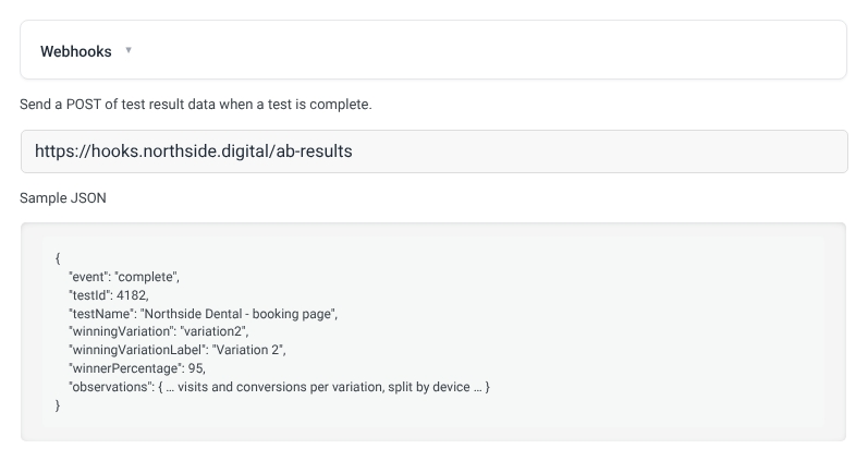 The Webhooks section of a single test in the AB Split Test editor, with a webhook URL entered and a sample of the JSON sent when the test completes.