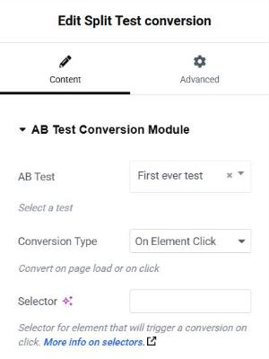 The Split Test conversion widget switched to On Element Click in Elementor, with the Selector field for the element that triggers the conversion.