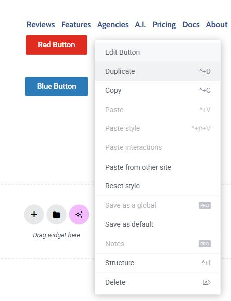 Right-clicking the Red Button widget in Elementor opens the context menu with Duplicate.