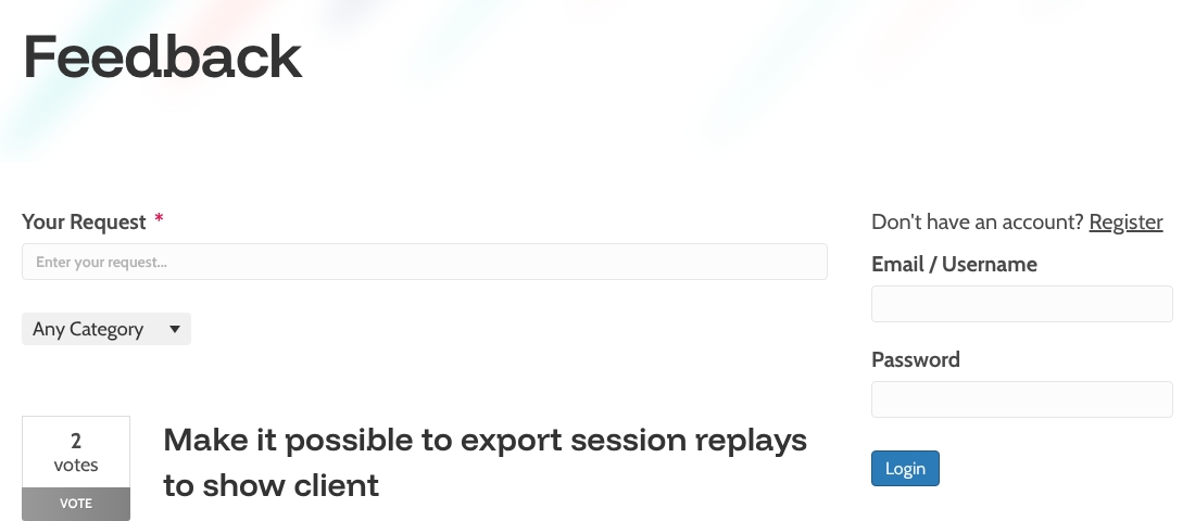 Feedback board when logged out: Your Request field on the left, login form with a Register link on the right.