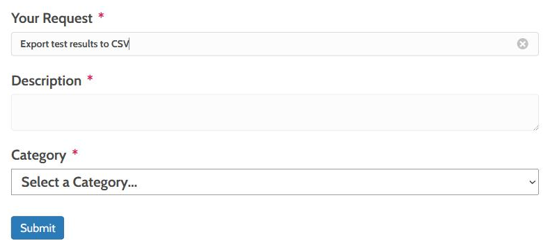 Feedback board: after typing a request, Description and Category fields and a Submit button appear.