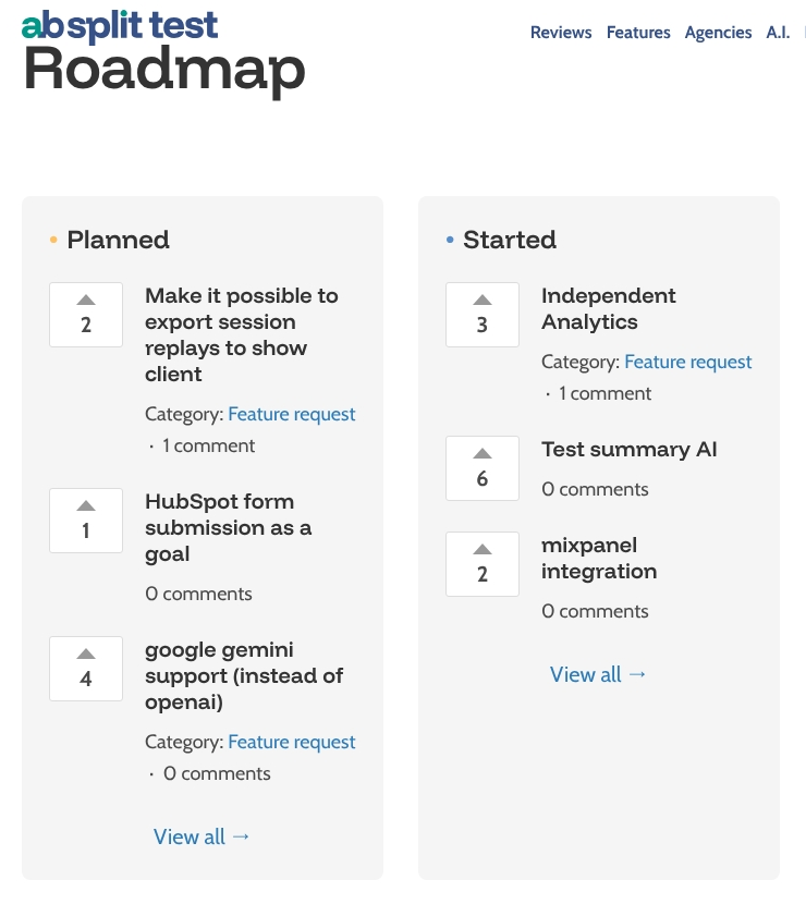Roadmap page with Planned and Started columns of feature requests and their vote counts.