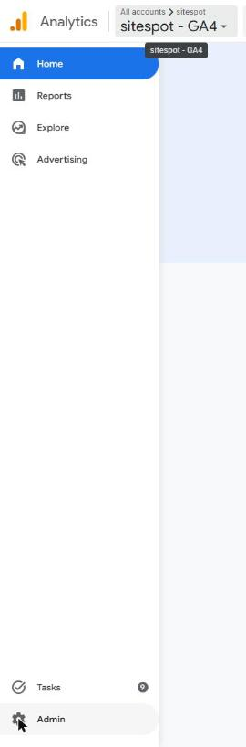Google Analytics 4 left navigation with Admin at the bottom.